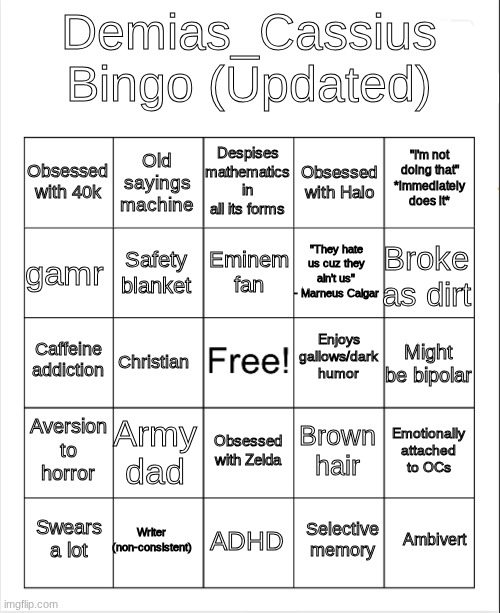 High Quality Demias_Cassius bingo (updated) Blank Meme Template