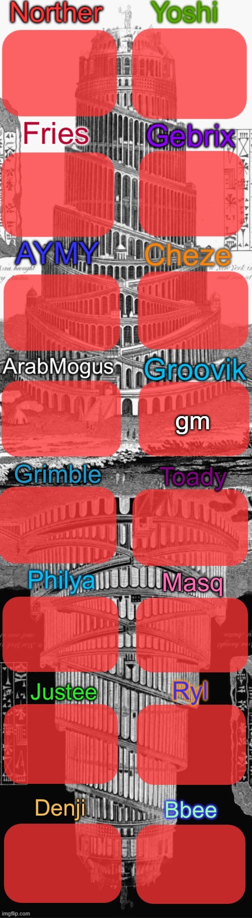 Tower of Babel shared temp extended | gm | image tagged in tower of babel shared temp extended | made w/ Imgflip meme maker