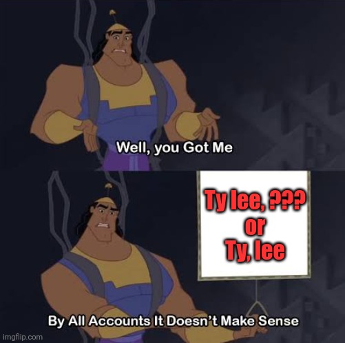 Well ya got me, by all accounts It does make sense | Ty lee, ???
or
Ty, lee | image tagged in well ya got me by all accounts it does make sense | made w/ Imgflip meme maker