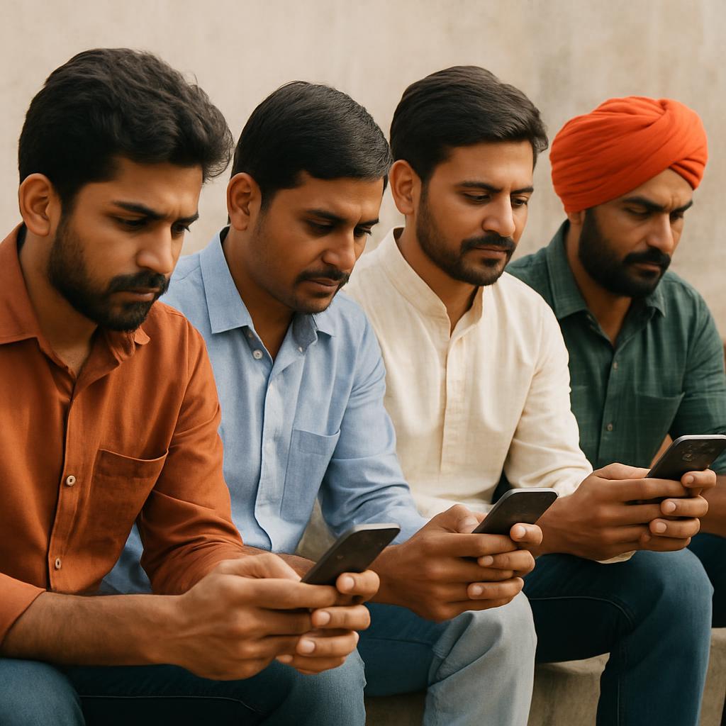 Few Indian men sitting together typing on their phone Blank Meme Template