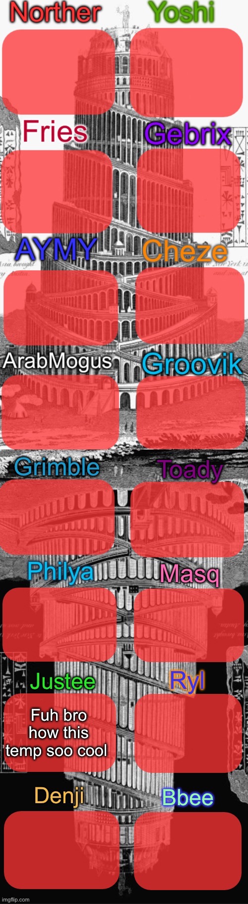 You can’t even see my shiz | Fuh bro how this temp soo cool | image tagged in tower of babel shared temp extended | made w/ Imgflip meme maker