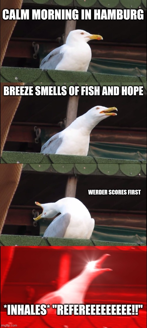 Inhaling Seagull | CALM MORNING IN HAMBURG; BREEZE SMELLS OF FISH AND HOPE; WERDER SCORES FIRST; *INHALES* "REFEREEEEEEEEE!!" | image tagged in memes,inhaling seagull | made w/ Imgflip meme maker