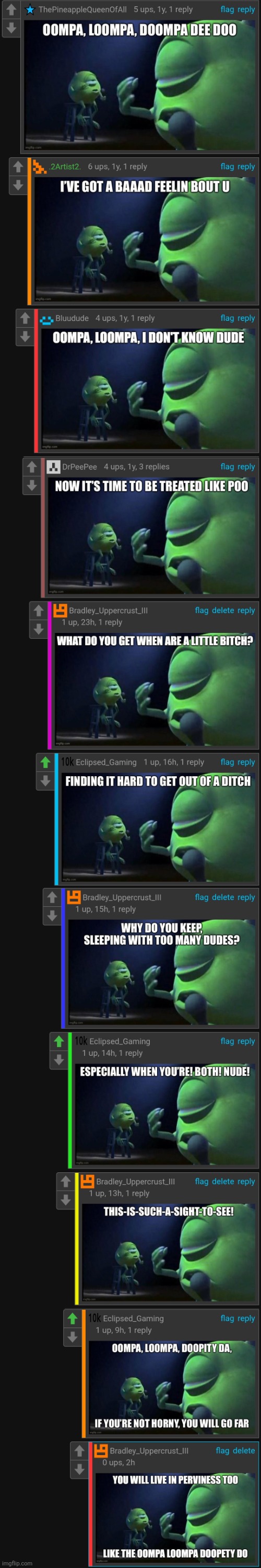 E | image tagged in willy wonka,oompa loompa,oompa loompas,lol so funny,mike wazowski,monsters inc | made w/ Imgflip meme maker