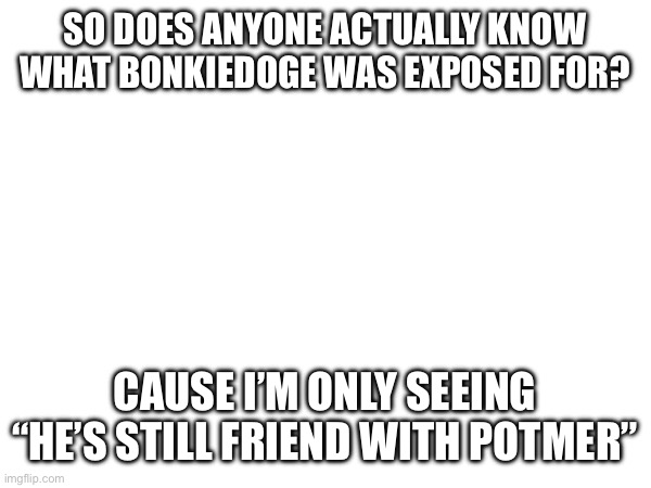 Like genuinely what the hell was he exposed for exactly? | SO DOES ANYONE ACTUALLY KNOW WHAT BONKIEDOGE WAS EXPOSED FOR? CAUSE I’M ONLY SEEING “HE’S STILL FRIEND WITH POTMER” | made w/ Imgflip meme maker