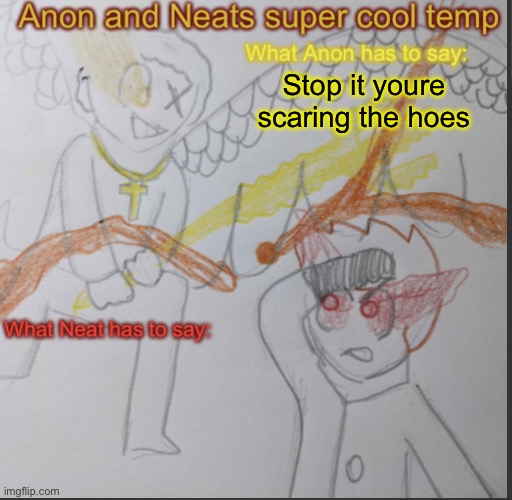 but fr this is why i moved to the discord | Stop it youre scaring the hoes | image tagged in anon and neats super cool shared temp | made w/ Imgflip meme maker