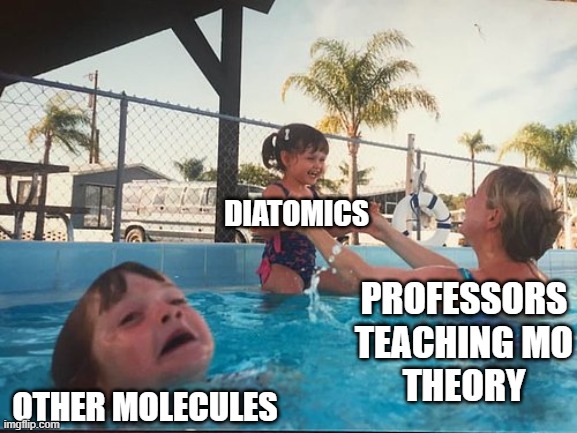 Teaching MO Theory | DIATOMICS; PROFESSORS
TEACHING MO
THEORY; OTHER MOLECULES | image tagged in drowning kid in the pool,mo theory,diatomics | made w/ Imgflip meme maker