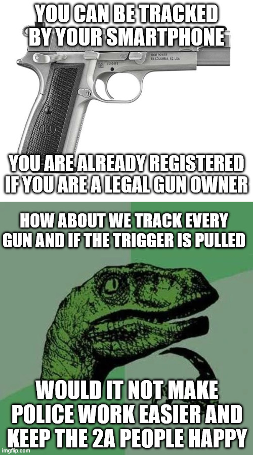 We have the technology, add a silent alarm if a firearm is brought to schools | YOU CAN BE TRACKED BY YOUR SMARTPHONE; YOU ARE ALREADY REGISTERED IF YOU ARE A LEGAL GUN OWNER; HOW ABOUT WE TRACK EVERY GUN AND IF THE TRIGGER IS PULLED; WOULD IT NOT MAKE POLICE WORK EASIER AND KEEP THE 2A PEOPLE HAPPY | image tagged in 2a day,raptor asking questions | made w/ Imgflip meme maker