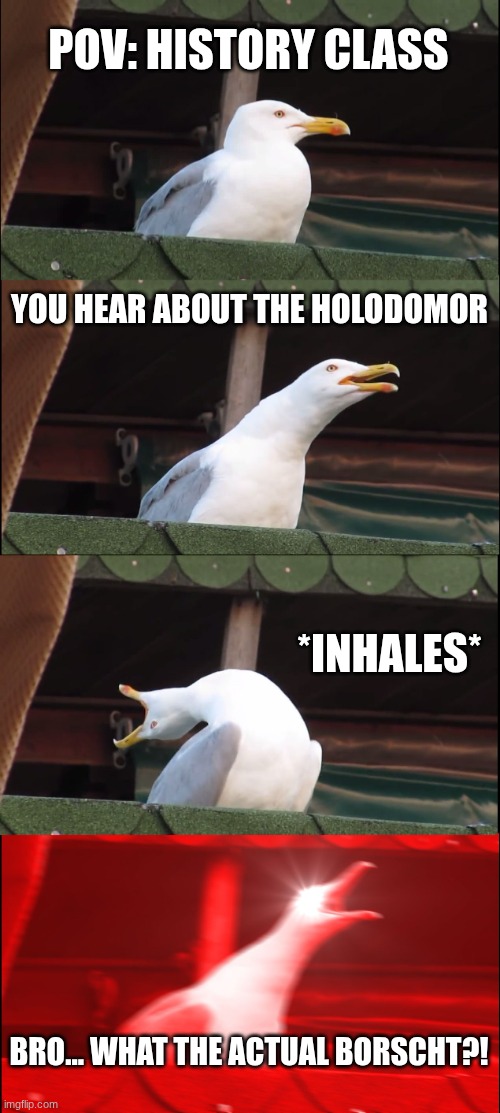 Inhaling Seagull | POV: HISTORY CLASS; YOU HEAR ABOUT THE HOLODOMOR; *INHALES*; BRO... WHAT THE ACTUAL BORSCHT?! | image tagged in memes,inhaling seagull | made w/ Imgflip meme maker