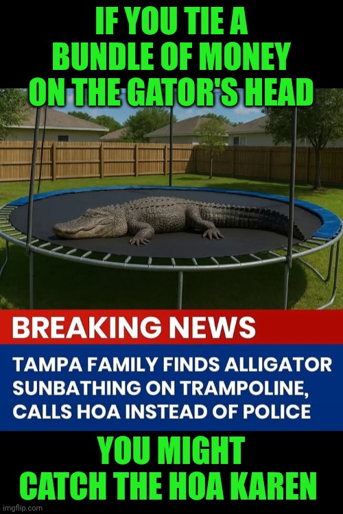 Funny | IF YOU TIE A BUNDLE OF MONEY ON THE GATOR'S HEAD; YOU MIGHT CATCH THE HOA KAREN | image tagged in funny,karen,alligator,gator,shut up and take my money fry,mega karen | made w/ Imgflip meme maker