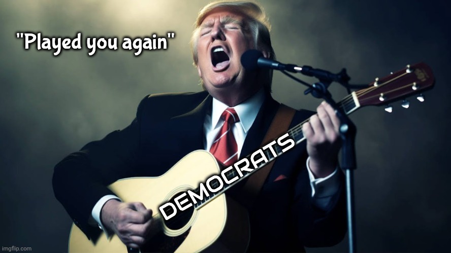 Cutting Government Waste made easy | "Played you again"; DEMOCRATS | image tagged in trump guitar,thanks democrats,like sheep,easily fooled | made w/ Imgflip meme maker