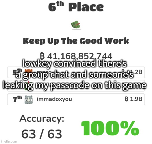lowkey convinced there's a group chat and someone's leaking my passcode on this game | made w/ Imgflip meme maker