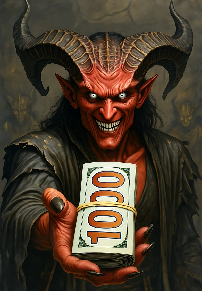 Satan offering viewer money for their souls Blank Meme Template