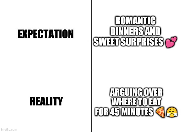 Expectation vs Reality | ROMANTIC DINNERS AND SWEET SURPRISES 💕; ARGUING OVER WHERE TO EAT FOR 45 MINUTES 🍕😤 | image tagged in expectation vs reality | made w/ Imgflip meme maker