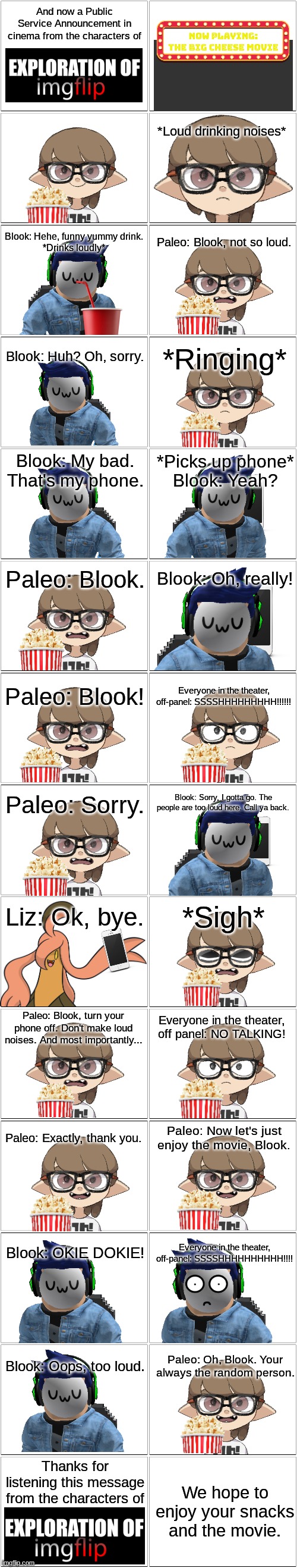 Public Service Announcement in cinema with EOI.mp3 | image tagged in comic,paleo,blook,liz | made w/ Imgflip meme maker