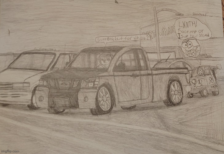 Some random drawing of Lynth and Extra Sued Man I made in collage | image tagged in random,concealed nitro,drawings,oc,cars | made w/ Imgflip meme maker