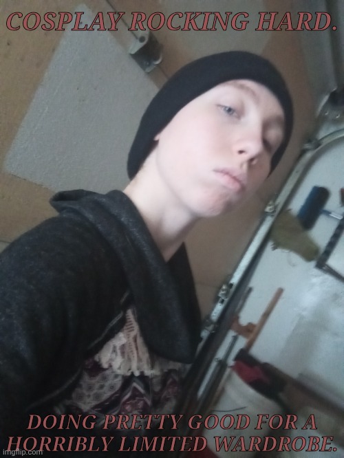 Yes, The Turtleneck Is Two Sizes Too Big But IDC | COSPLAY ROCKING HARD. DOING PRETTY GOOD FOR A
HORRIBLY LIMITED WARDROBE. | image tagged in supernatural cosplay,british men of letters,ms watt,watticuddy reference,face reveal,its shit i know | made w/ Imgflip meme maker