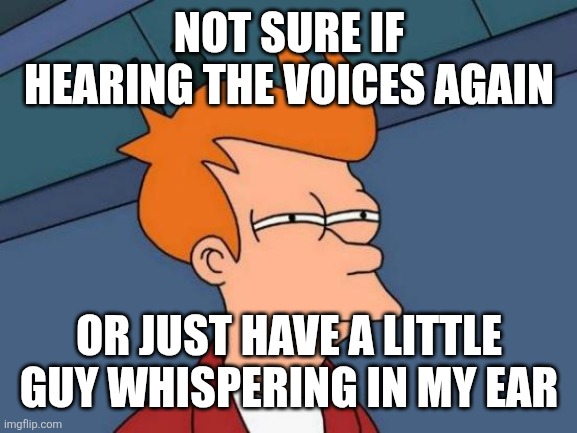 Futurama Fry | NOT SURE IF HEARING THE VOICES AGAIN; OR JUST HAVE A LITTLE GUY WHISPERING IN MY EAR | image tagged in memes,futurama fry | made w/ Imgflip meme maker