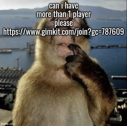 monkey thinking | can i have more than 1 player please
https://www.gimkit.com/join?gc=787609 | image tagged in monkey thinking | made w/ Imgflip meme maker