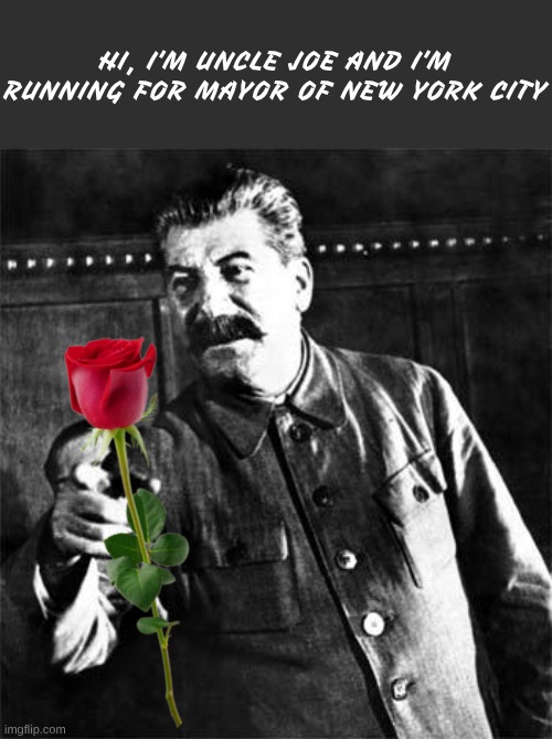 Communists are so caring. Look he even has a rose. | HI, I'M UNCLE JOE AND I'M RUNNING FOR MAYOR OF NEW YORK CITY | image tagged in stalin | made w/ Imgflip meme maker