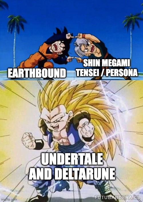 Toby Fox after having a fever dream in 2011 be like | SHIN MEGAMI TENSEI / PERSONA; EARTHBOUND; UNDERTALE AND DELTARUNE | image tagged in dbz fusion | made w/ Imgflip meme maker