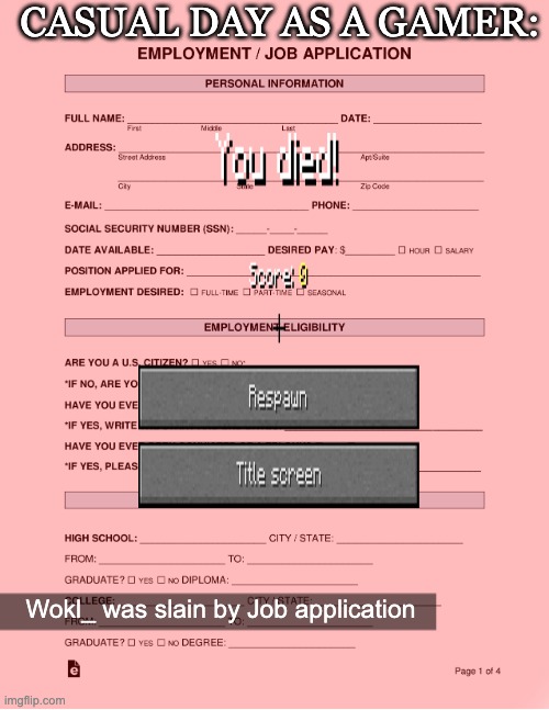 The life of the gamer.. | CASUAL DAY AS A GAMER:; Wokl_ was slain by Job application | image tagged in minecraft,gaming,die,touch grass,paper,job | made w/ Imgflip meme maker