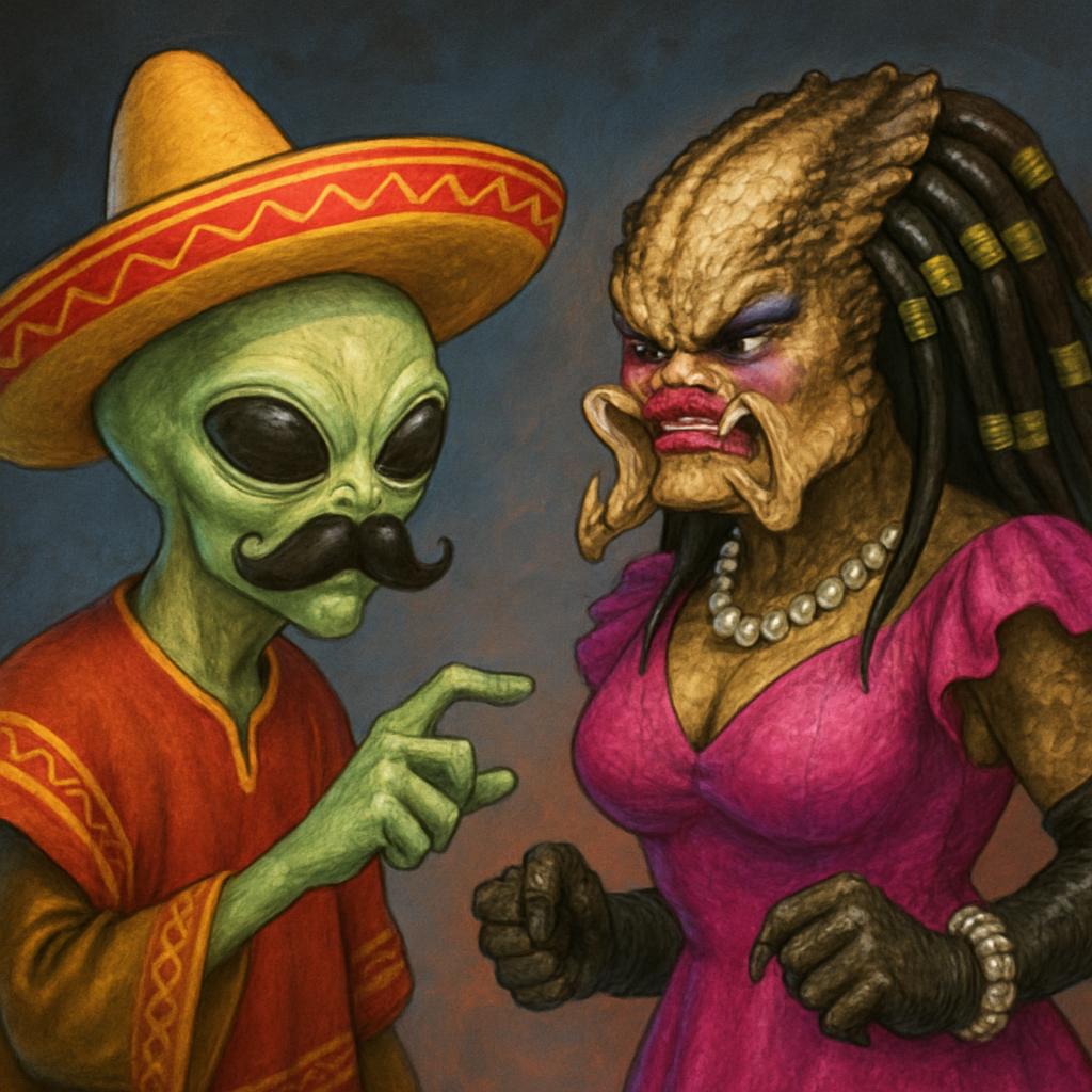 Alien with mustache and sombrero vs predator dressed in drag Blank Meme Template