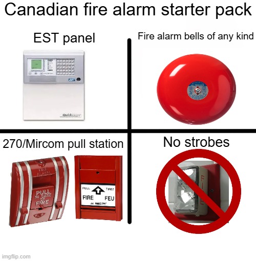 Blank Starter Pack Meme | Canadian fire alarm starter pack; Fire alarm bells of any kind; EST panel; 270/Mircom pull station; No strobes | image tagged in memes,blank starter pack | made w/ Imgflip meme maker