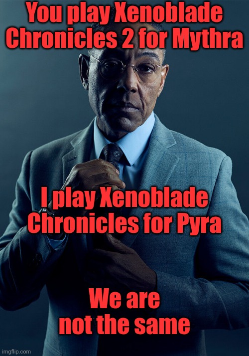Gus Fring we are not the same | You play Xenoblade Chronicles 2 for Mythra; I play Xenoblade Chronicles for Pyra; We are not the same | image tagged in gus fring we are not the same,xenoblade chronicles 2,mythra,pyra | made w/ Imgflip meme maker