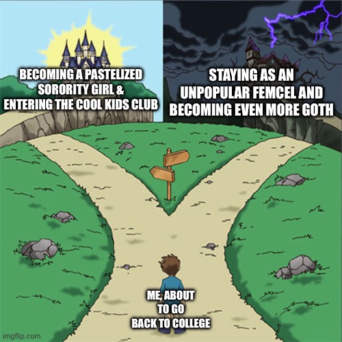 Am I cooked, chat? | BECOMING A PASTELIZED SORORITY GIRL & ENTERING THE COOL KIDS CLUB; STAYING AS AN UNPOPULAR FEMCEL AND BECOMING EVEN MORE GOTH; ME, ABOUT TO GO BACK TO COLLEGE | image tagged in two paths,sorority,college,funny,meme,girl | made w/ Imgflip meme maker