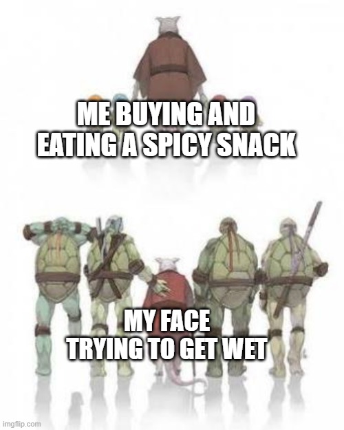 My face is starting to get wet while eating spicy food | ME BUYING AND EATING A SPICY SNACK; MY FACE TRYING TO GET WET | image tagged in tmnt grown up,memes,funny | made w/ Imgflip meme maker