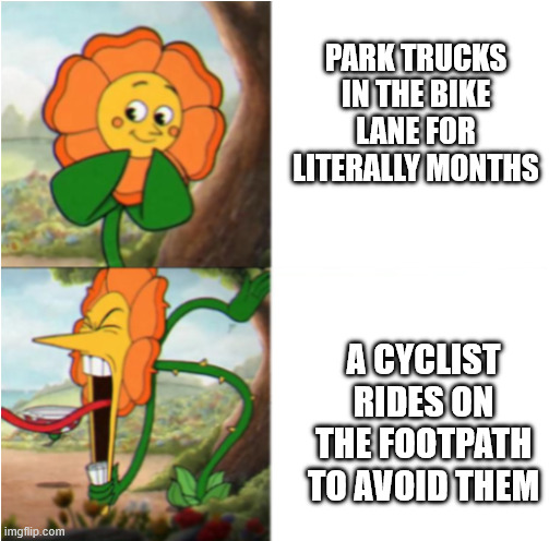 reverse cuphead flower | PARK TRUCKS IN THE BIKE LANE FOR LITERALLY MONTHS; A CYCLIST RIDES ON THE FOOTPATH TO AVOID THEM | image tagged in reverse cuphead flower | made w/ Imgflip meme maker
