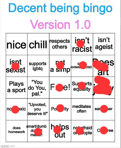 Decent being bingo | image tagged in decent being bingo | made w/ Imgflip meme maker