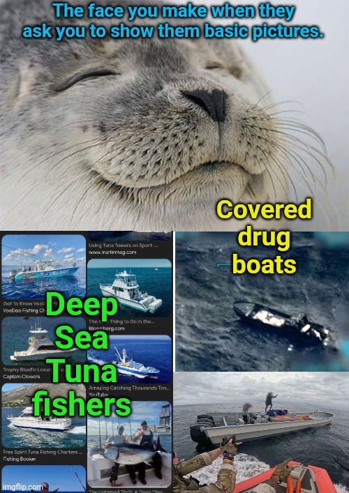 The face you make when they ask you to show them basic pictures. Covered drug boats; Deep Sea Tuna fishers | image tagged in memes,satisfied seal,blank white template | made w/ Imgflip meme maker