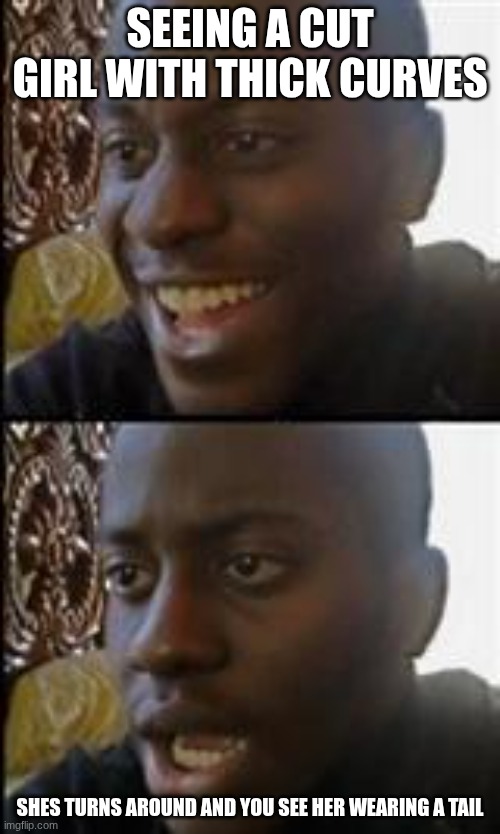 this is why I'm a single pringle | SEEING A CUT GIRL WITH THICK CURVES; SHES TURNS AROUND AND YOU SEE HER WEARING A TAIL | image tagged in black guy happy sad | made w/ Imgflip meme maker