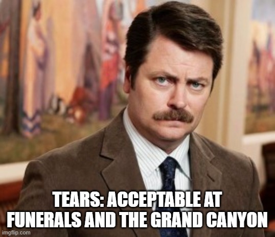Ron Swanson on Tears | TEARS: ACCEPTABLE AT FUNERALS AND THE GRAND CANYON | image tagged in memes,ron swanson,greatness,tears | made w/ Imgflip meme maker