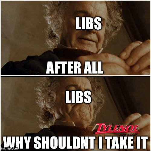 Libs taking Tylenol in a nutshell | LIBS; AFTER ALL; LIBS; WHY SHOULDNT I TAKE IT | image tagged in bilbo - why shouldn t i keep it | made w/ Imgflip meme maker