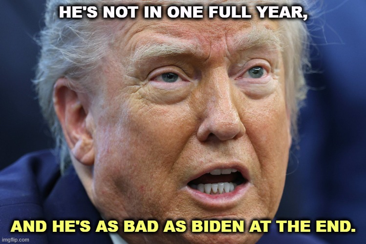 This crazy old coot is losing it. Senile dementia. | HE'S NOT IN ONE FULL YEAR, AND HE'S AS BAD AS BIDEN AT THE END. | image tagged in trump 1 year in as bad as biden at the end senile dementia,trump,incompetence,senile dementia,crazy,biden | made w/ Imgflip meme maker