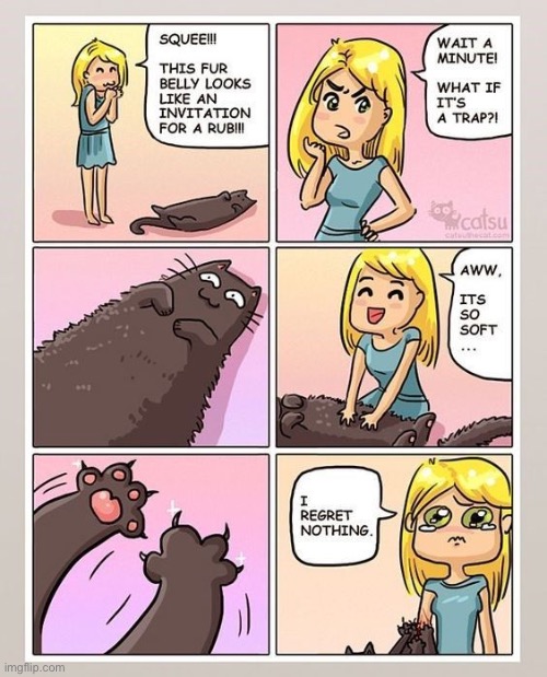 Catsu | image tagged in cats,comics,catsu,belly rub,trap,claws out | made w/ Imgflip meme maker