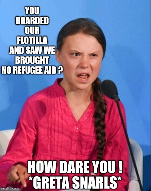 Greta Thunberg how dare you | YOU BOARDED OUR FLOTILLA AND SAW WE BROUGHT NO REFUGEE AID ? HOW DARE YOU !
*GRETA SNARLS* | image tagged in greta thunberg how dare you | made w/ Imgflip meme maker