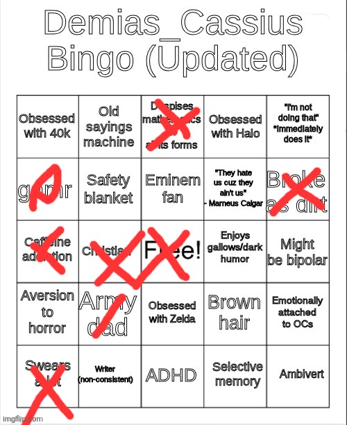 He was Technically in the navy, but still. | image tagged in demias_cassius bingo updated | made w/ Imgflip meme maker