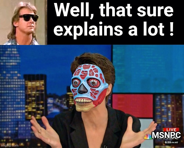 That explains Madcow on MSNPC | Well, that sure explains a lot ! MSNPC | image tagged in rachel maddow blame face,roddy piper,they live | made w/ Imgflip meme maker