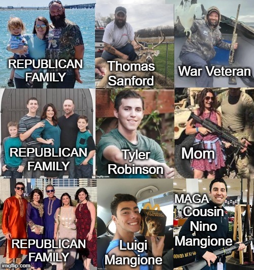 Republican Family Upbringing + Guns = Assassin | War Veteran; REPUBLICAN FAMILY; Thomas Sanford; REPUBLICAN FAMILY; Mom; Tyler Robinson; MAGA; Cousin Nino Mangione; REPUBLICAN FAMILY; Luigi Mangione | image tagged in republicans,family,donald trump,trump,gun control,assassin | made w/ Imgflip meme maker