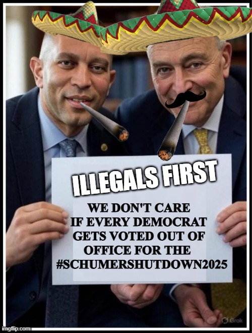 We don't care if every democrat gets voted out of office for the #SchumerShutDown2025 "Illegals First" | ILLEGALS FIRST; WE DON'T CARE IF EVERY DEMOCRAT GETS VOTED OUT OF OFFICE FOR THE 
  #SCHUMERSHUTDOWN2025 | image tagged in hakeem jeffries chuck schumer sign | made w/ Imgflip meme maker