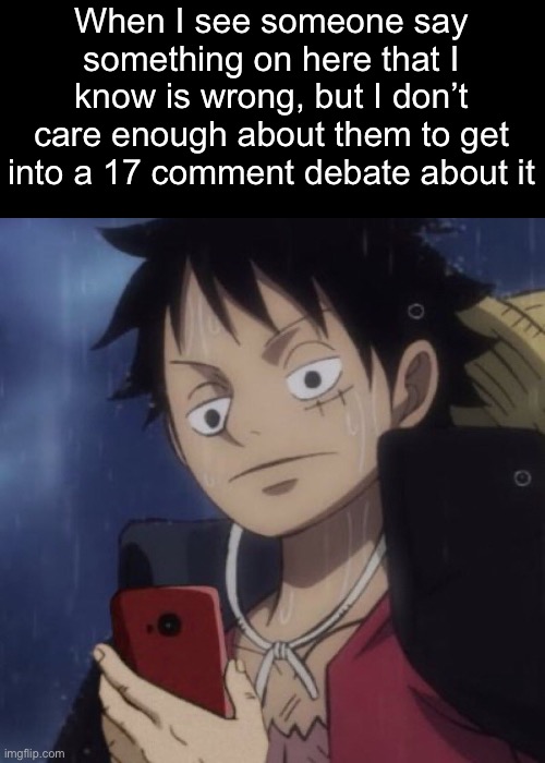 I mean, what do I care what people on bootleg Reddit think? | When I see someone say something on here that I know is wrong, but I don’t care enough about them to get into a 17 comment debate about it | image tagged in one piece luffy looking at phone | made w/ Imgflip meme maker