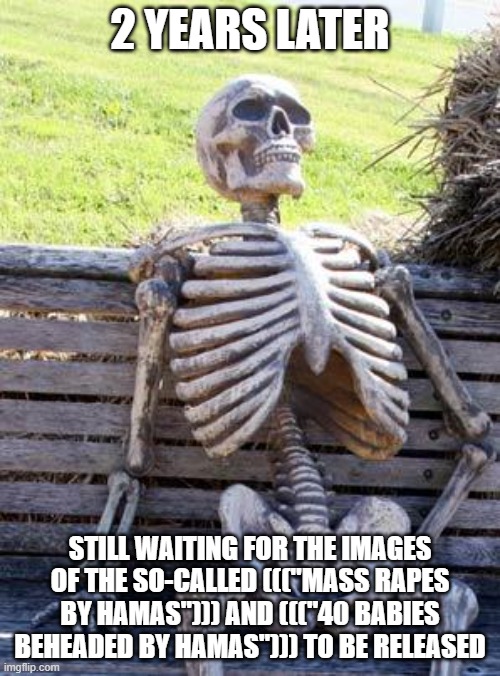 Any Photos of the So-Called ((("Mass Rapes by Hamas"))) and ((("40 Babies Beheaded by Hamas"))) Yet? | 2 YEARS LATER; STILL WAITING FOR THE IMAGES OF THE SO-CALLED ((("MASS RAPES BY HAMAS"))) AND ((("40 BABIES
BEHEADED BY HAMAS"))) TO BE RELEASED | image tagged in waiting skeleton,israel,palestine,beheading,lies,media lies | made w/ Imgflip meme maker