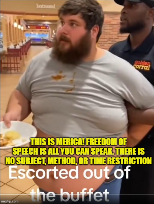 Freedom of Speech means even speech you do not like | THIS IS MERICA! FREEDOM OF SPEECH IS ALL YOU CAN SPEAK. THERE IS NO SUBJECT, METHOD, OR TIME RESTRICTION | image tagged in freedom,rights,buffet,freedom of speech,first amendment,the constitution | made w/ Imgflip meme maker