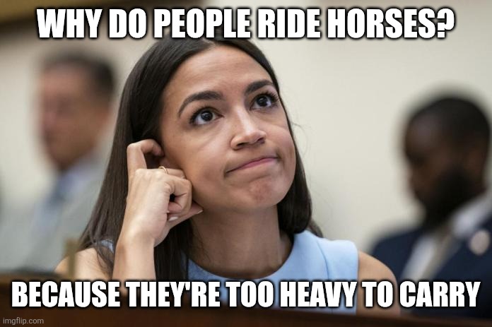 Horses too heavy | WHY DO PEOPLE RIDE HORSES? BECAUSE THEY'RE TOO HEAVY TO CARRY | image tagged in aoc scratches her empty head,funny memes | made w/ Imgflip meme maker