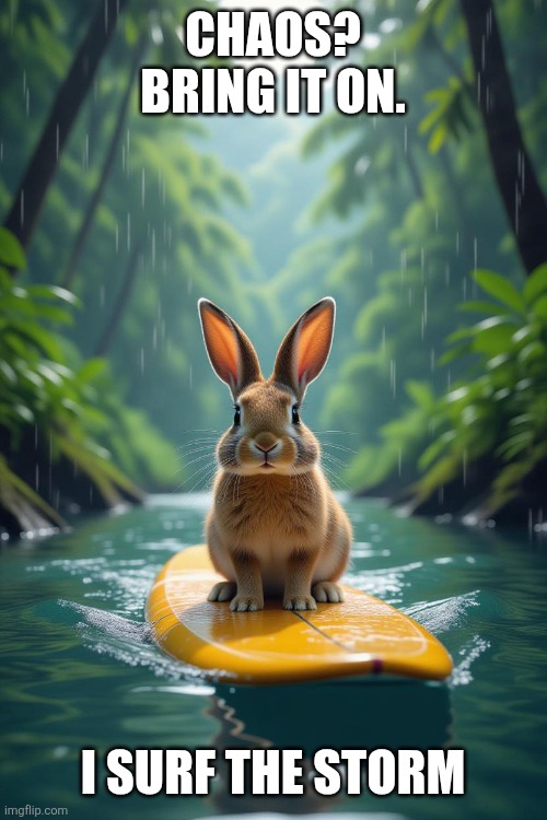 Brave bunny | CHAOS? BRING IT ON. I SURF THE STORM | image tagged in ai meme,bunny,surfing | made w/ Imgflip meme maker