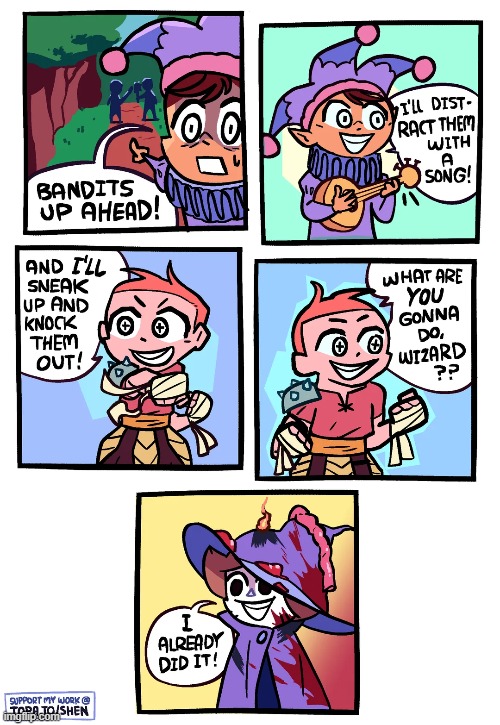 image tagged in bandits,jester,monk,wizard,fight,victory | made w/ Imgflip meme maker