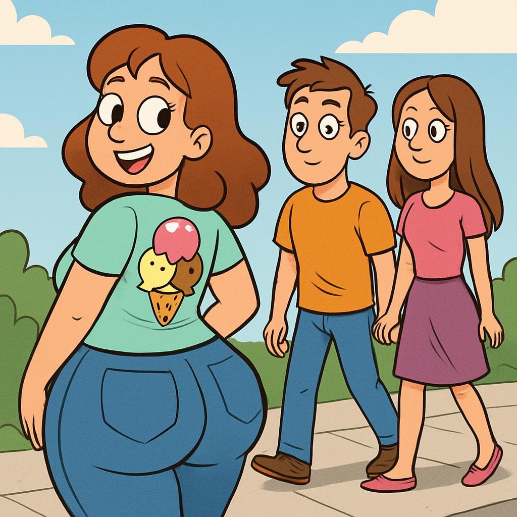a woman with a big butt with an ice cream on het tshirt and a co Blank Meme Template